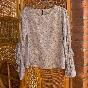 A New Day Black and White Ruffle Long Sleeve Blouse Keyhole Open Shoulder